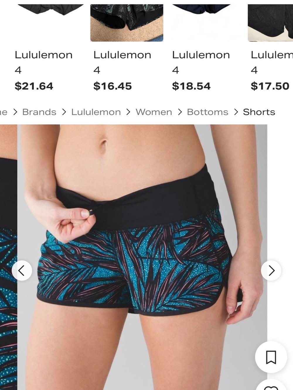 lululemon athletica Black Waistband Teal Botanical Print Athletic Shorts